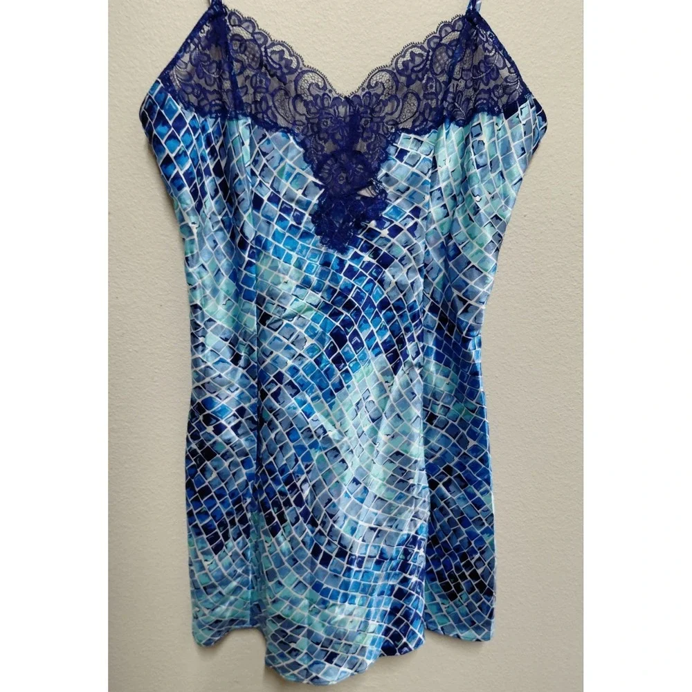 Vtg 90s Victoria's Secret Heart Tag Blue Mosaic Satin Lace Chemise L